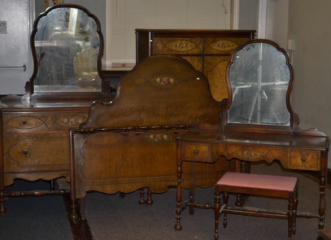 5 Piece 1940's Bedroom Set: Set includes a wardrobe, dresser, vanity, stool and bed. Set has floral decals. It shows common wear consistent with age.