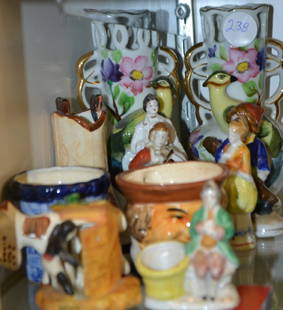 Occupied Japan Collection: Ten pieces including a pair of 6"h vases with birds, a Toby mug, a boot and figures.