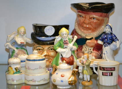 Occupied Japan Collection: Ten pieces including a Toby mug, a condiment set, a teapot and a large English Staffordshire Toby .