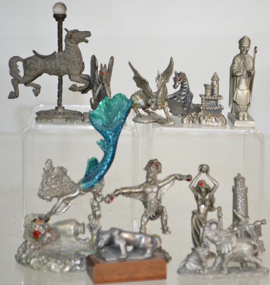 Collection of Pewter Fantasy and Other Figures: Thirteen pewter figures including dragons, mermaids, gargoyles, wizards, a leopard and others. Largest measures approx. 4"h.