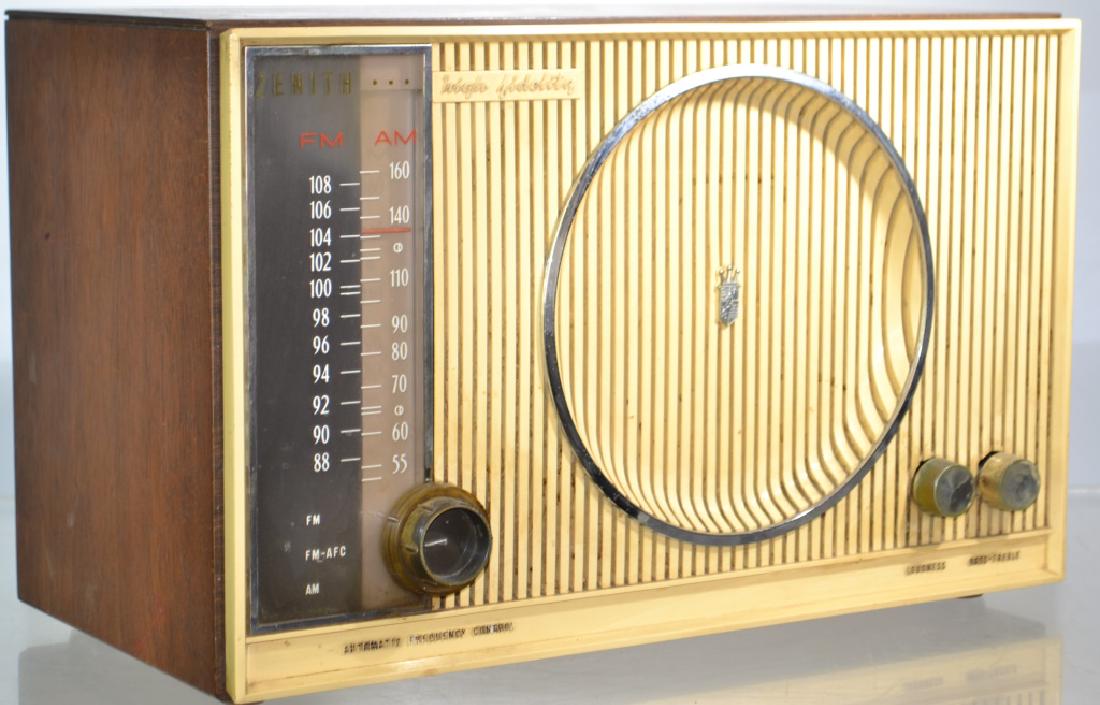Zenith Mid Century Radio: Zenith Hi Fidelity AM/FM radio model S-53555. Radio has a mahagony case with a hard plastic face and no visible damage. Item has not been tested. .