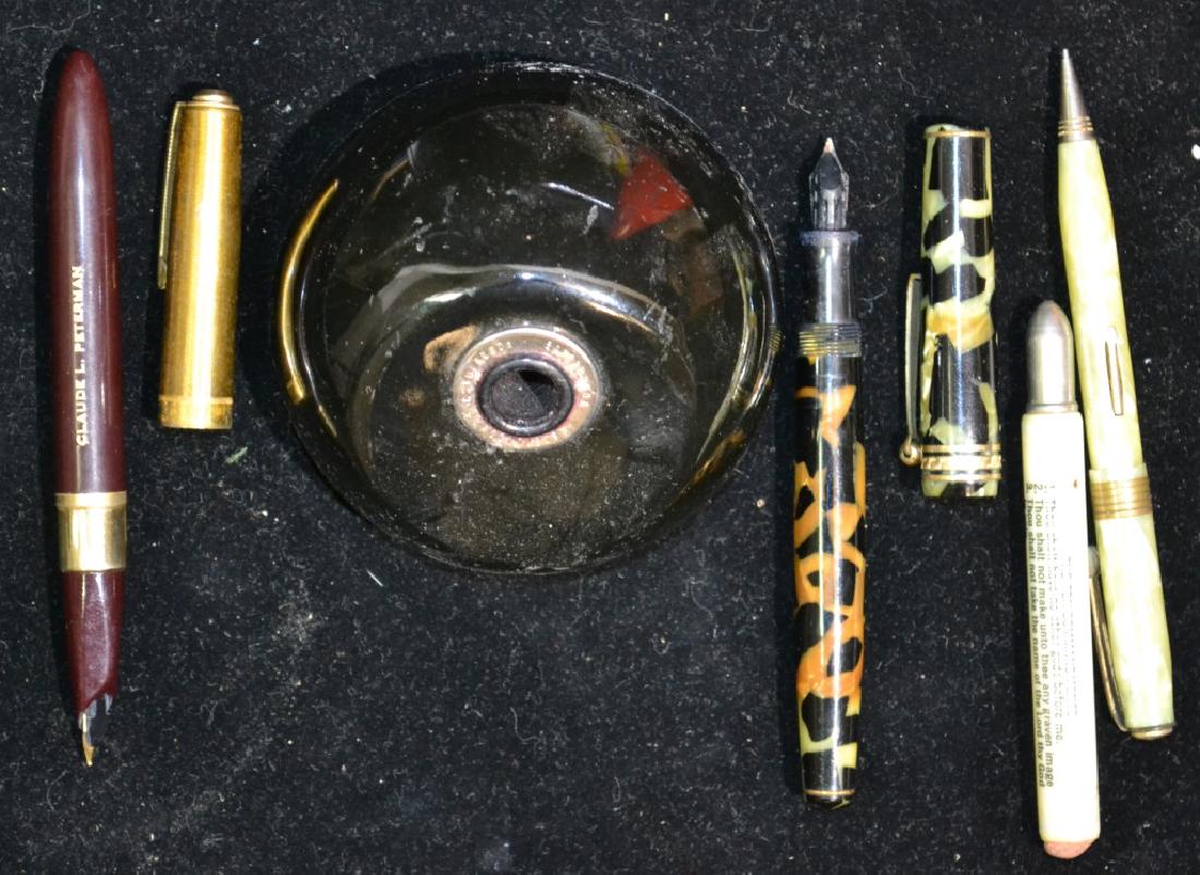 Vinage Pen Grouping: Lot includes two decorative fountain pens, a celluloid adjustable pencil, a deco pen holder and more.