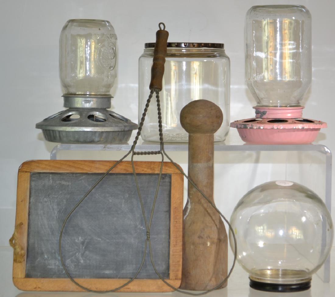 Mixed Country Grouping: Including two chick feeders, an Habanello tobacco advertising jar, a mini chalkboard, a masher and more.