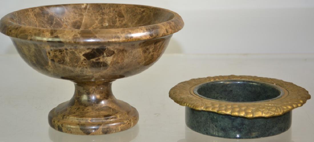 Marble Compote and Coaster: Including a round brown marble compote measuring 5"h x 8" dia. and a dark green marble and brass wine bottle coaster.