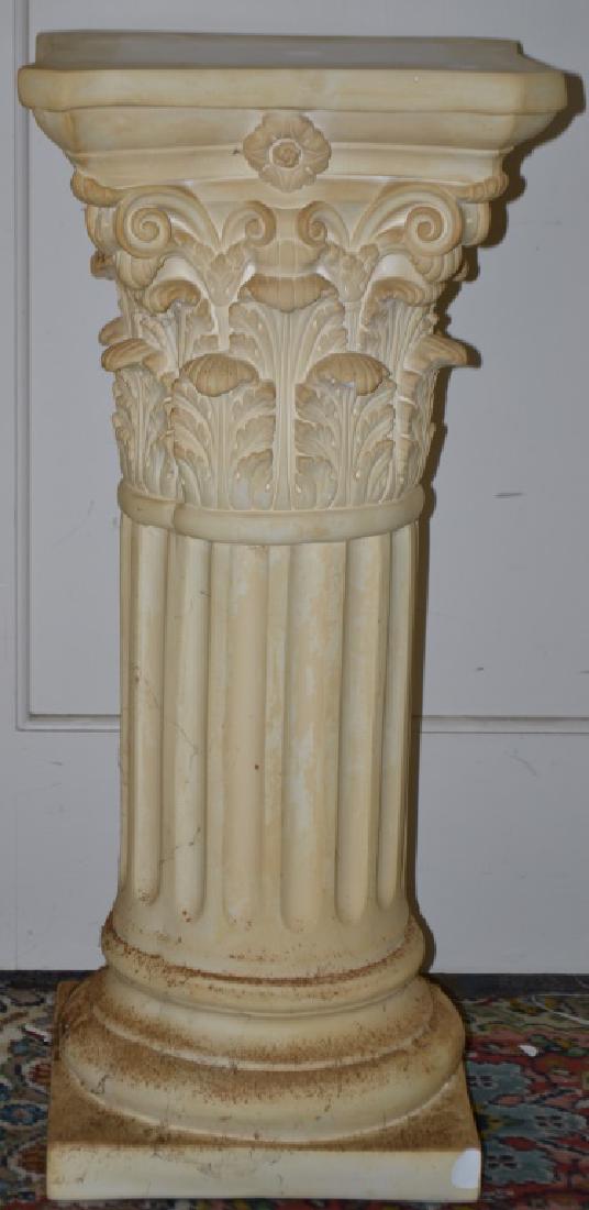 Plaster Column: Item measures approx. 29"h x 13" across top. It has a 1" chip at base and needs to be cleaned.