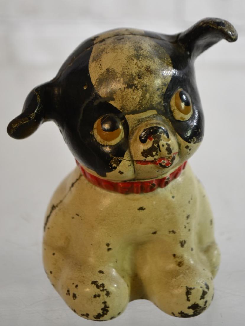 Vintage Cast Iron Fido Bank: Item measures approx. 5"h. It has original paint with common wear consistent with age.