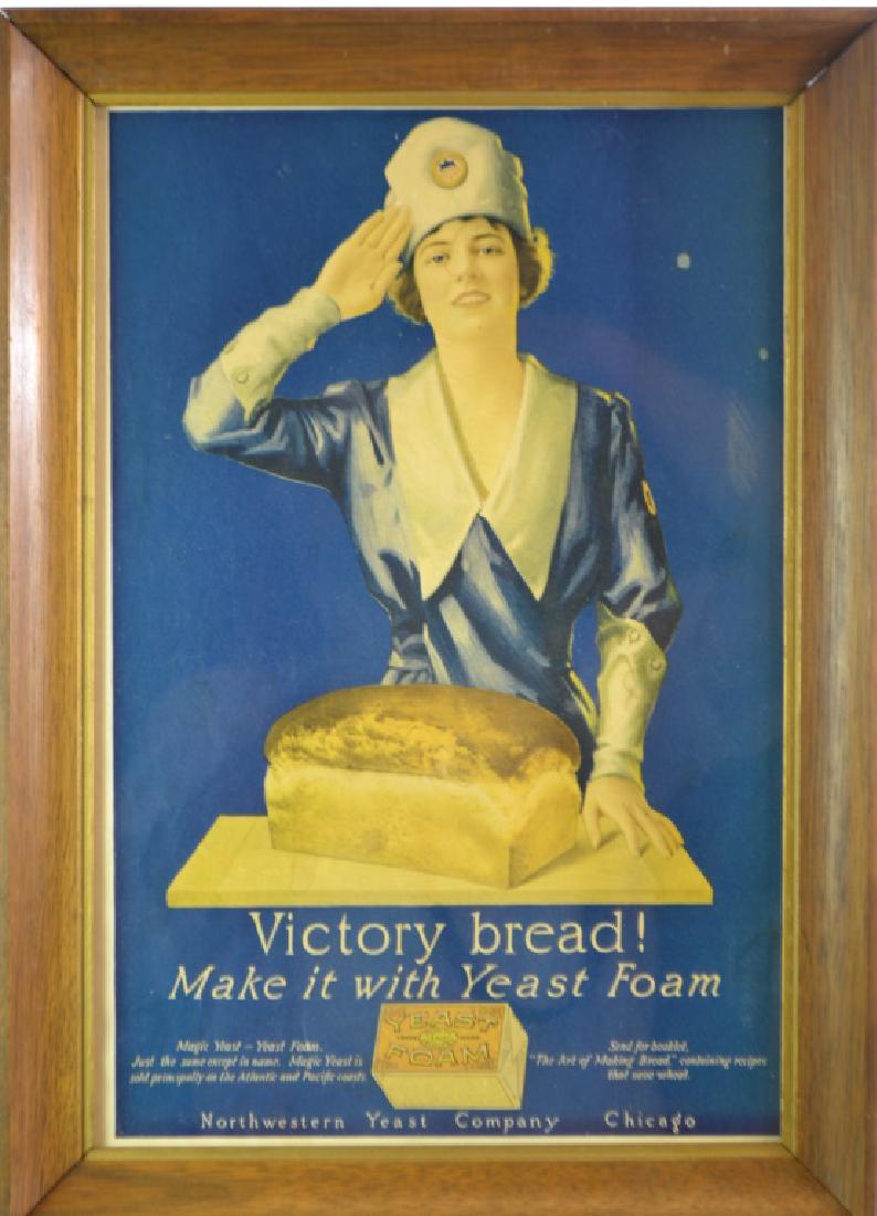 "Victory Bread" Advertisement: Exposed area measures approx. 14 1/2"h x 9 1/2"w. It depicts a patriotic young woman with a loaf of bread, has a few water marks on the plate and is framed.