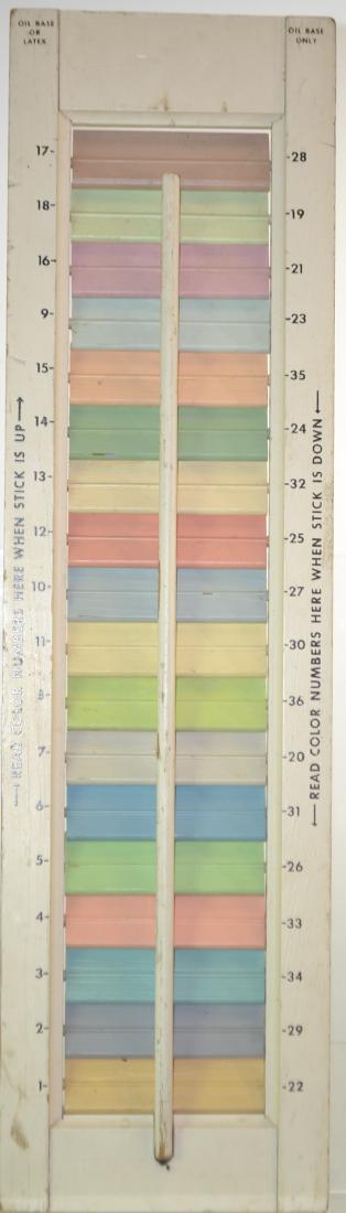 "Medallion Paint" Advertising Shutter: Item measures approx. 22"h x 6"w. It is a wooden shutter with paint swatches and advertising on both sides.