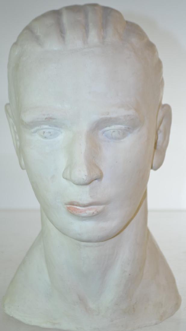 Plaster Head: Plaster head hat model. Item measures approx. 12"h. It is solid plaster and is dated on the bottom May 25 , '38. It has very fine casting.