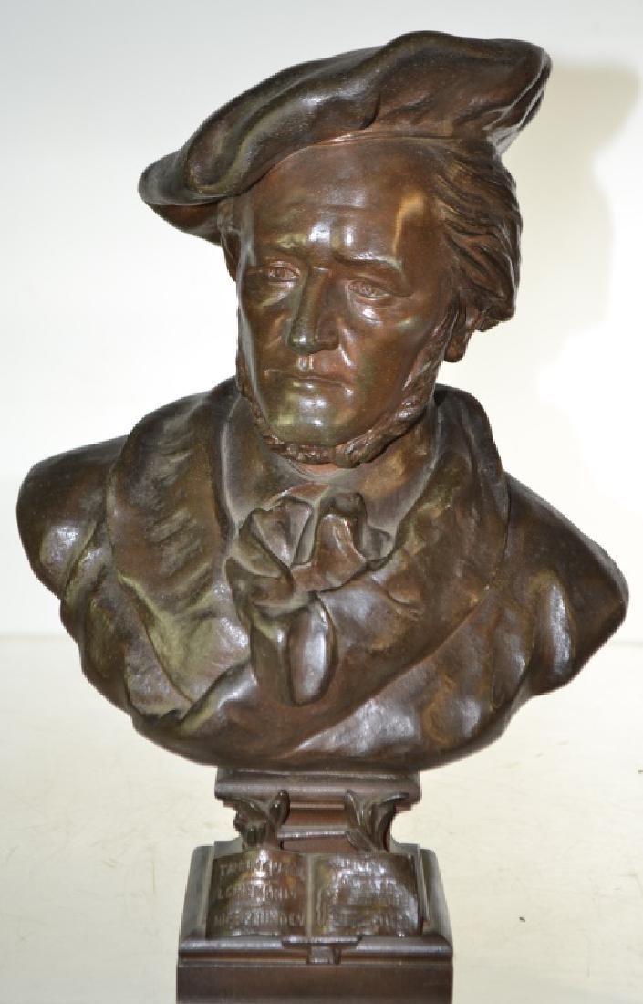 Bust of Wagner: Item measures approx. 12"h. It is patinated bronze over metal and is a copy of the original by G. Leroux.