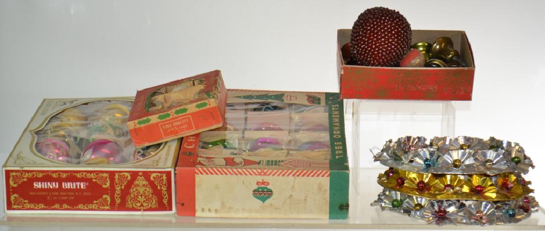 Vintage Christmas Balls: Including a box of frosted Shiny Brites, other balls in boxes, aluminum wreaths with bells and more,