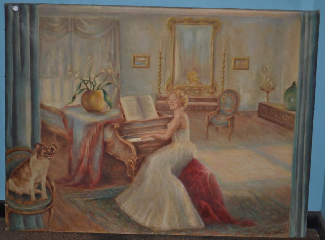Oil on Canvas of a Lady Playing Piano: Item measures approx. 36"h x 48"w. It depicts a lady playing the piano and includes her dog. It has an illegible signature lower right and no visible damage.