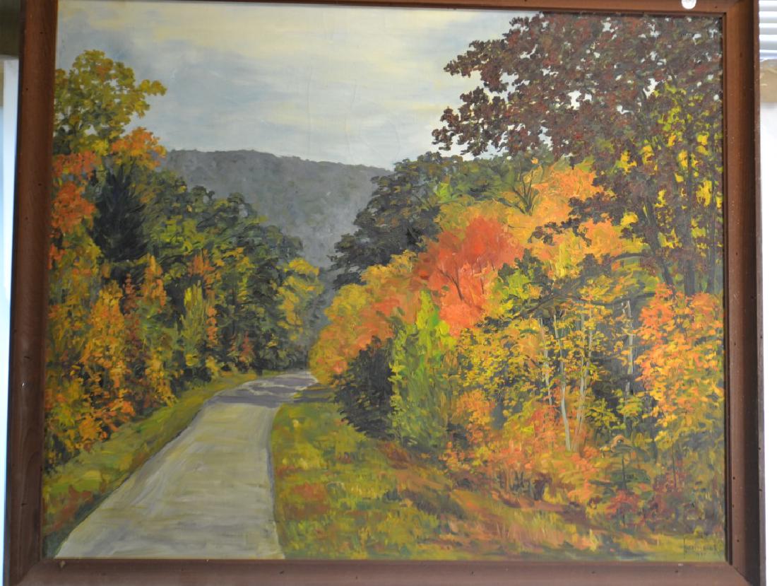 Oil on Canvas by Harry M. Book: Exposed area measures approx. 27"h x 34"w. It depicts a mountain scene in autumn. It is signed lower right "Harry M. Book 1957". It has some crazing and the canvas needs to be re- stretched.