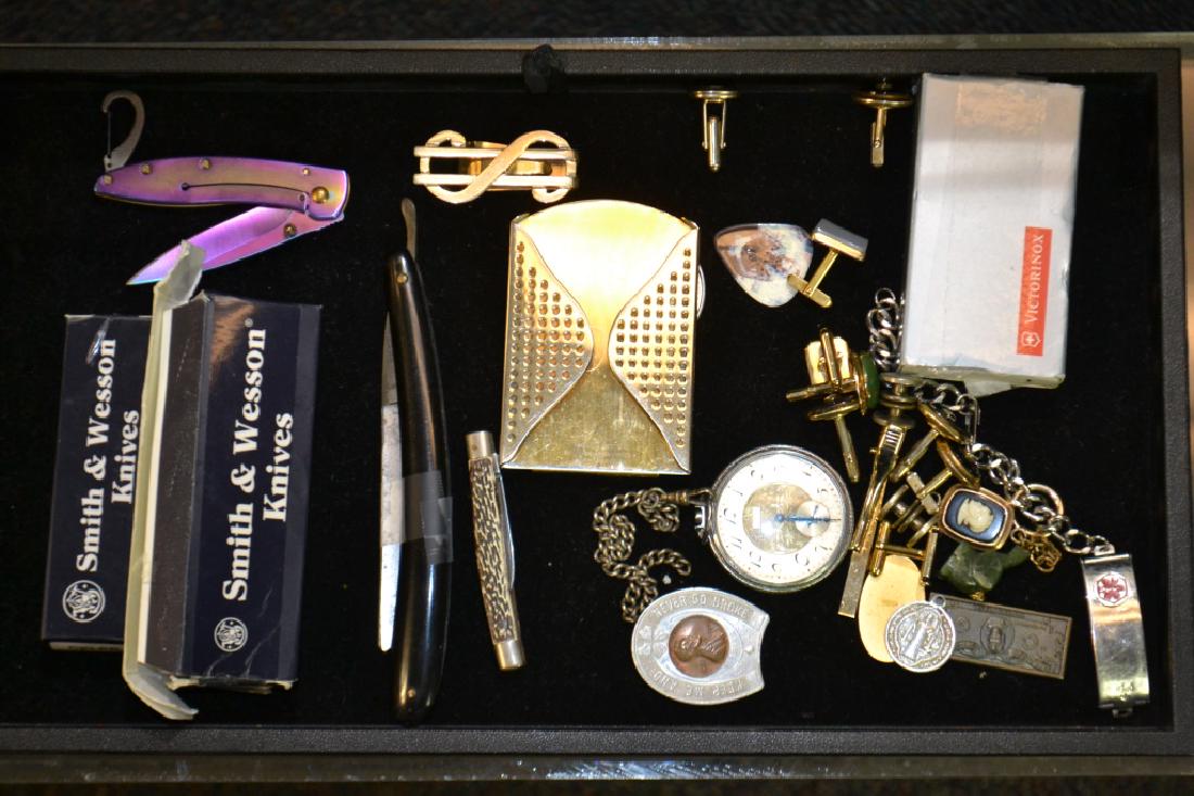 Men's Jewelry and More: Including a Smith & Wesson pocket knife, a straight razor, an Elgin pocket watch with fob, cufflinks and more.