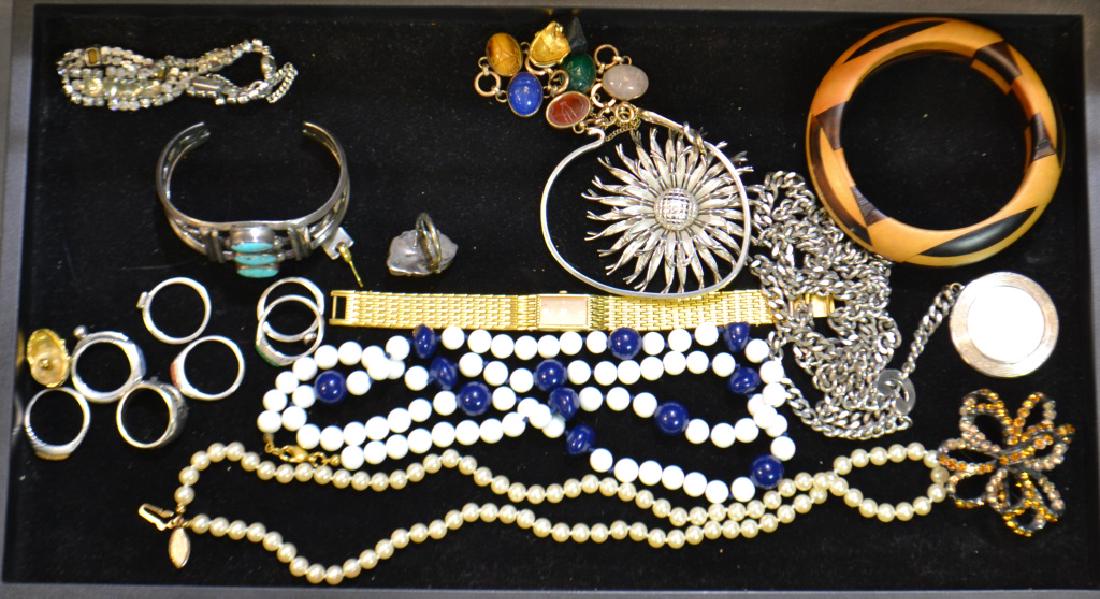 Native American Jewelry and More: Including a Native silver cuff with turquoise, ring with turquoise and other stones, a ladies Seiko watch, a vintage brooch with yellow stones and more.