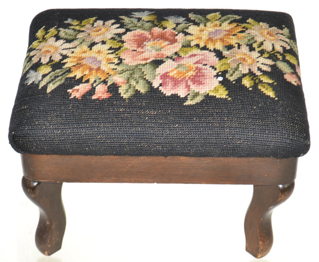 Needlepoint Stool: Item measures approx. 9"h, has a mahagony body and a nicely executed needlepoint top.