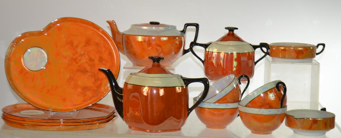 Bavarian and Czech Poly Chrome Tea Set: Includes a teapot measuring approx. 5 1/2"h, four cups with sandwich plates. a stacking cream and sugar, a Czech teapot and more.