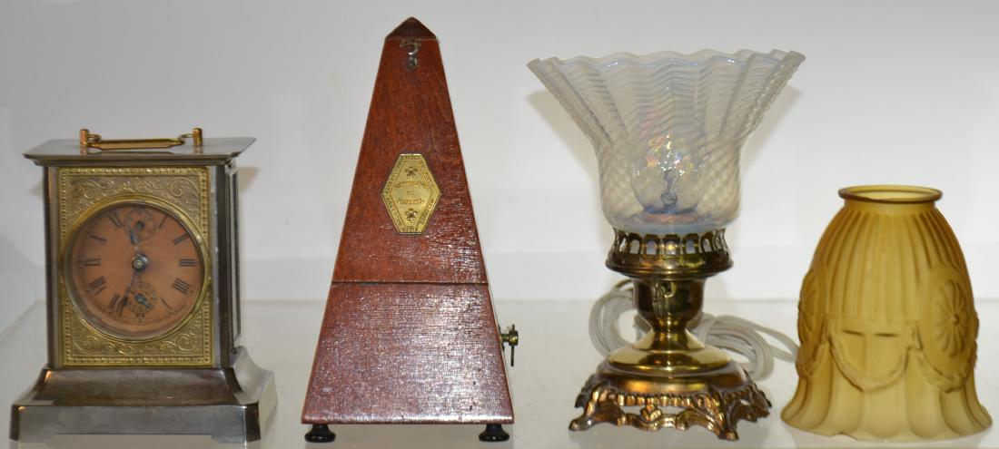 Kuehl Carriage Clock and More: Including a 6"h carriage clock marked "Kuehl Germany", a French metronome. a covered vegetable with a bird finial and more.
