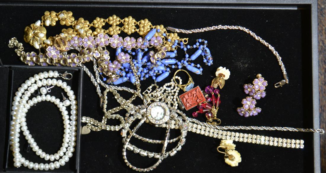 "Honora" Pearls and More: Including an "Honora" pearl necklace and earring set in box, various floral bracelets, floral necklaces, a lady's "Vivani" wrist watch with a rhinestone band and more.