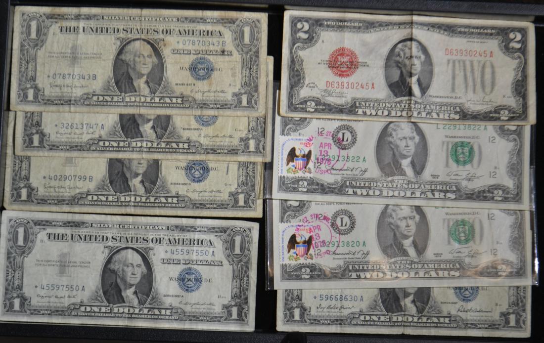 Silver Certificates: Lot includes five one dollar silver certificates and three two dollar bills (one is a red seal from 1928).