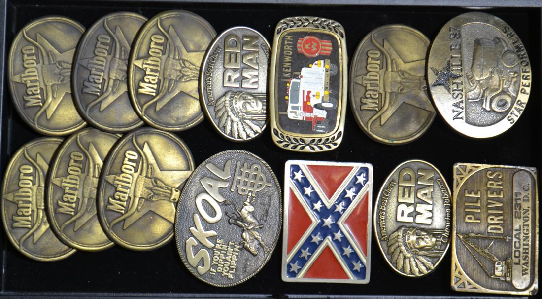 Tobacco Buckles and More: Including a "Marlboro" buckle, a "Skoal" buckle, a "Kenworth" buckle and more.
