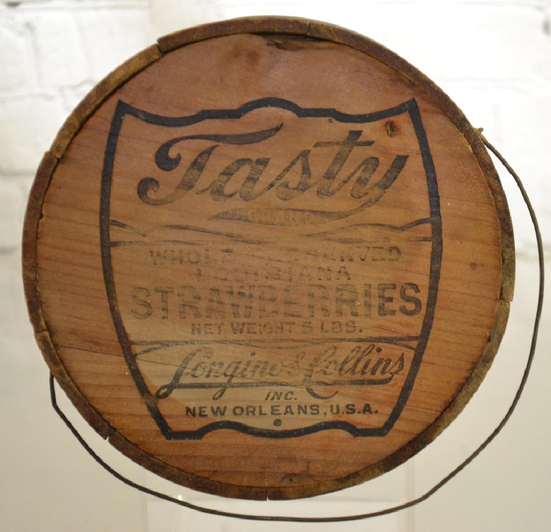 Vintage Wooden Strawberry Pail: Item measures approx. 6"h. It has the "Tasty Brand" logo on the lid, a wire bale handle, double banding on the body and is complete.