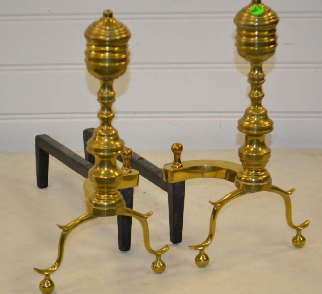 Pair of Brass Beehive Andirons: Items measure approx. 16"h. The have beehive finials and a ball foot and are marked "Rostand" on dog.