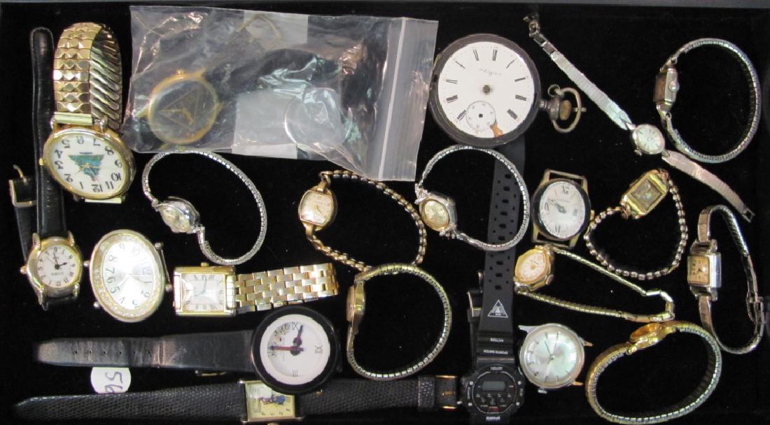 Grouping of Watches: Including a lady's Vulcan, a lady's Tissot, a lady's Woldman, a vintage lady's Geneva, a Holly Hobby watch Swiss made 1997 and various others.