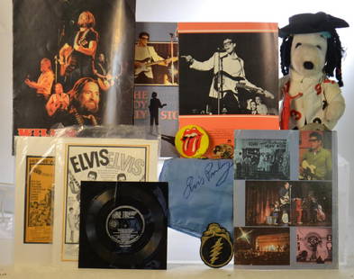 Vintage Rock & Roll Items: Including a scarf authographed "Elvis Presley" (no certificate of authenticity), a Beatles "Yesterday and Today" pin backs, an Elvis charm bracelet and other rock & roll related items.