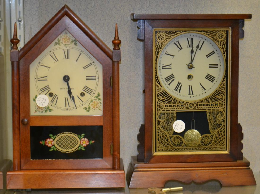 Two Mantle Clocks: Including a Seth Thomas Steeple clock Model Sharon-7W with reverse painted flowers on the glass front and an older "Jerome & Co" clock with gold transfer on the front glass. Both clocks are complete.