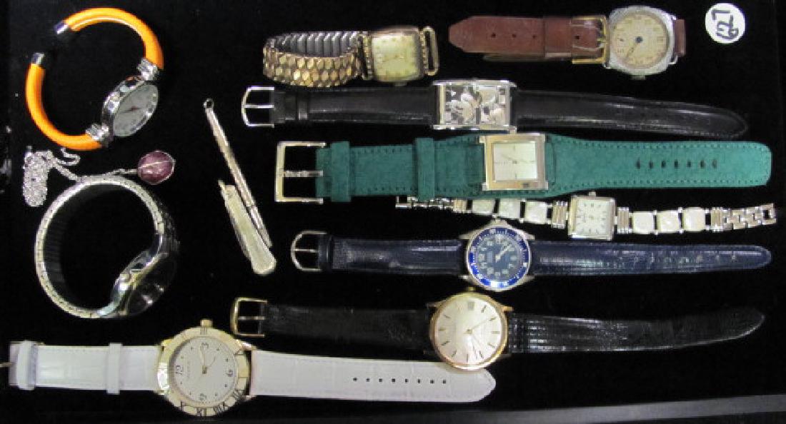 Wristwatches: Watch lot includes Gruen, Bulova, Timex, DKNY, Mickey Mouse (Lorus). Some vintage, some new.