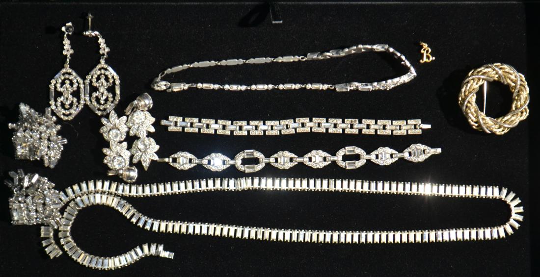 1940s and 50s Jewelry/Rhinestones: Lot includes clear rhinestones necklaces, bracelets and earrings and more..