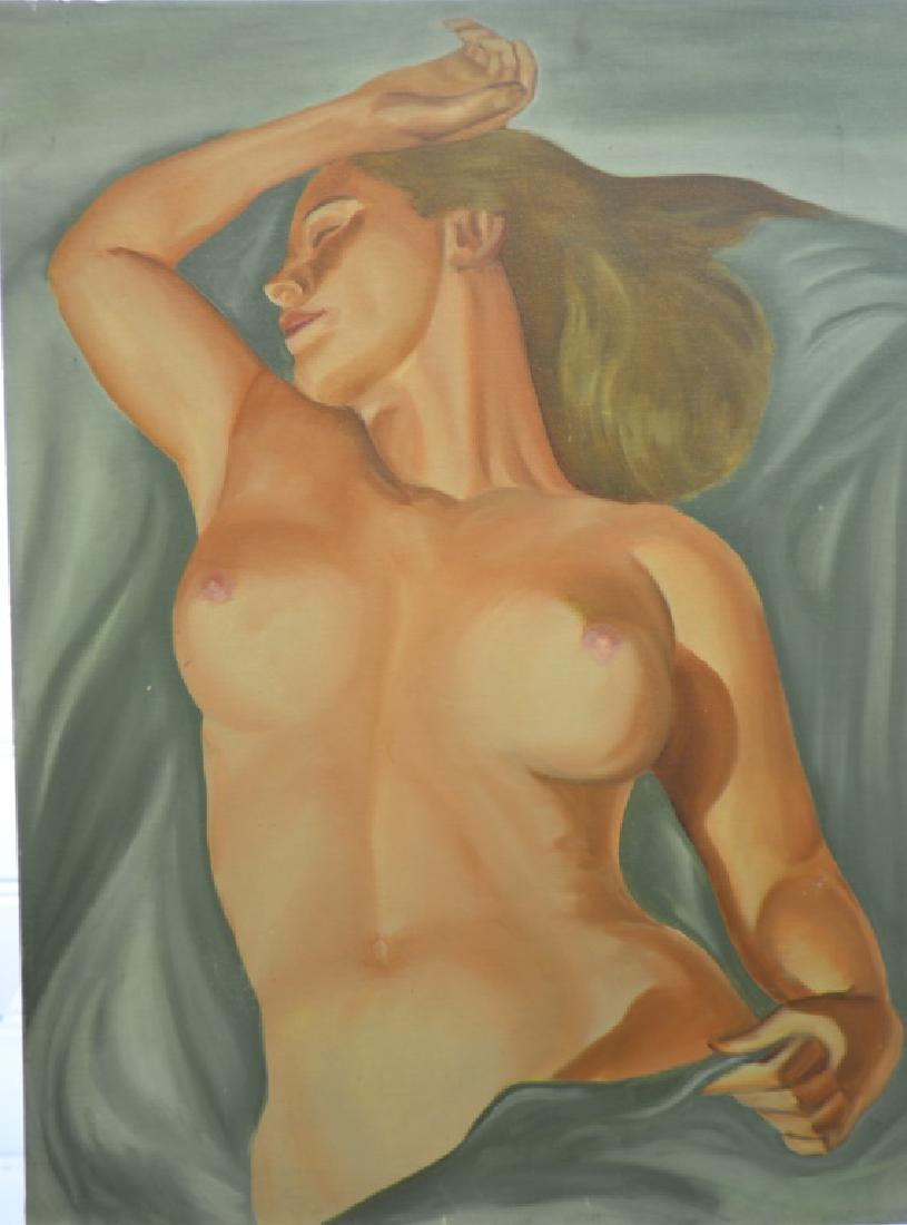 Oil on Board of a Reclining Nude: Item measures approx. 24"h x 18"w. It depicts a young reclining nude woman at rest. Painting is well executed but unsigned. Unframed.