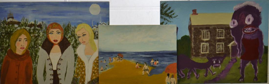 Russian "Outsider" Art Grouping: Three paintings on art board; the largest measuring approx. 14"h x 11"w. It depicts a purple monster and a six legged cat. The second depicts three women in winter and the the third is a beach scene.