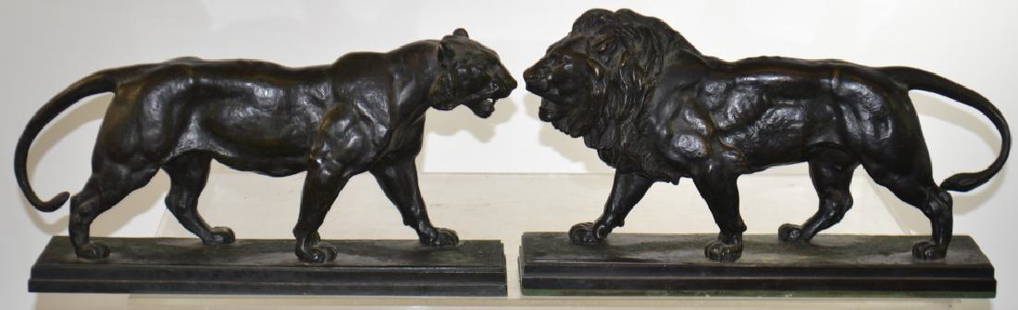 Pair of Bronze Lions Signed "Barye": Each measures approx. 9 1/2"h x 16 1/2" long. Lot consists of a lion and a lioness. Both are marked "Barye" and appear to date to the 19th century.