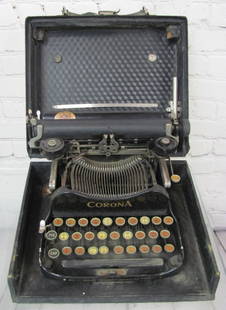 Vintage Corona Portable Folding Typewriter: Item is in a case which measures approx. 4 1/2"h x 11"w x 9 1/2"d. The typewriter appears to be complete with functional keys. The bottom section to the front of the case is missing.