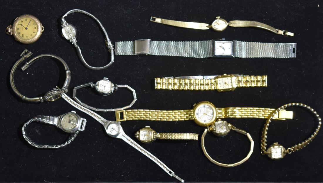 Grouping of Lady's Watches: Lot consists of twelve total watches including "Gruen Precision Swiss", "Westfield Swiss", "Benrus Swiss", "Bulova" and others.