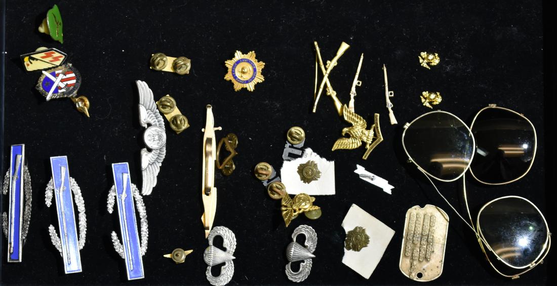 Military and Other Pins: Including paratrooper pins, rifleman pins, US pins and eagle pins.
