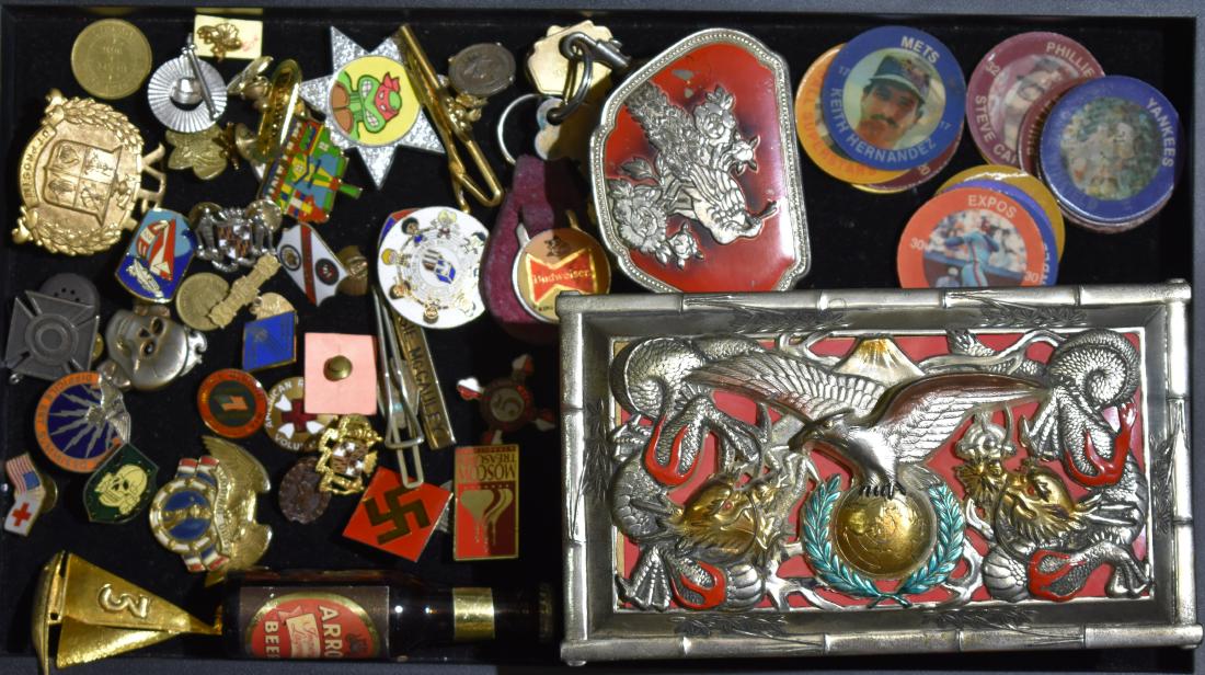 Asian Jewelry Boxes and Various Pins: Including an ornate Japanese jewelry/music box, a Japanese jewelry box with a bird, an American Red Cross pin, a rifle surfer cross and various other lapel pins.