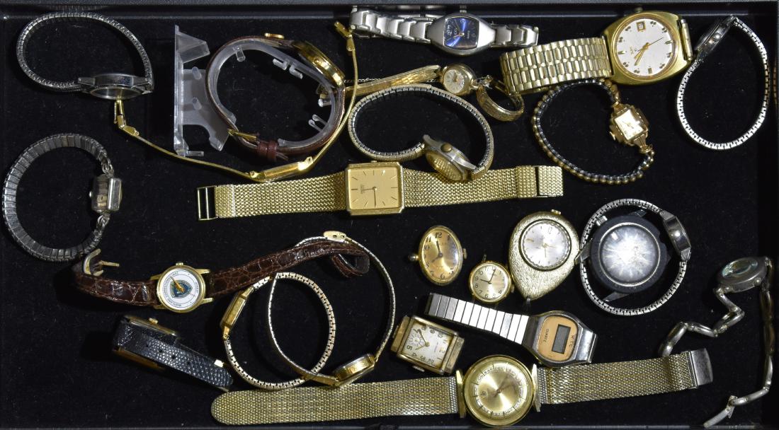 Grouping of Watches: Including an Omega Swiss made men's watch with a jeweled face, a lady's Bulova, a men's Elgin, a lady's Hamilton. a Wittnauer quartz Swiss made and others.