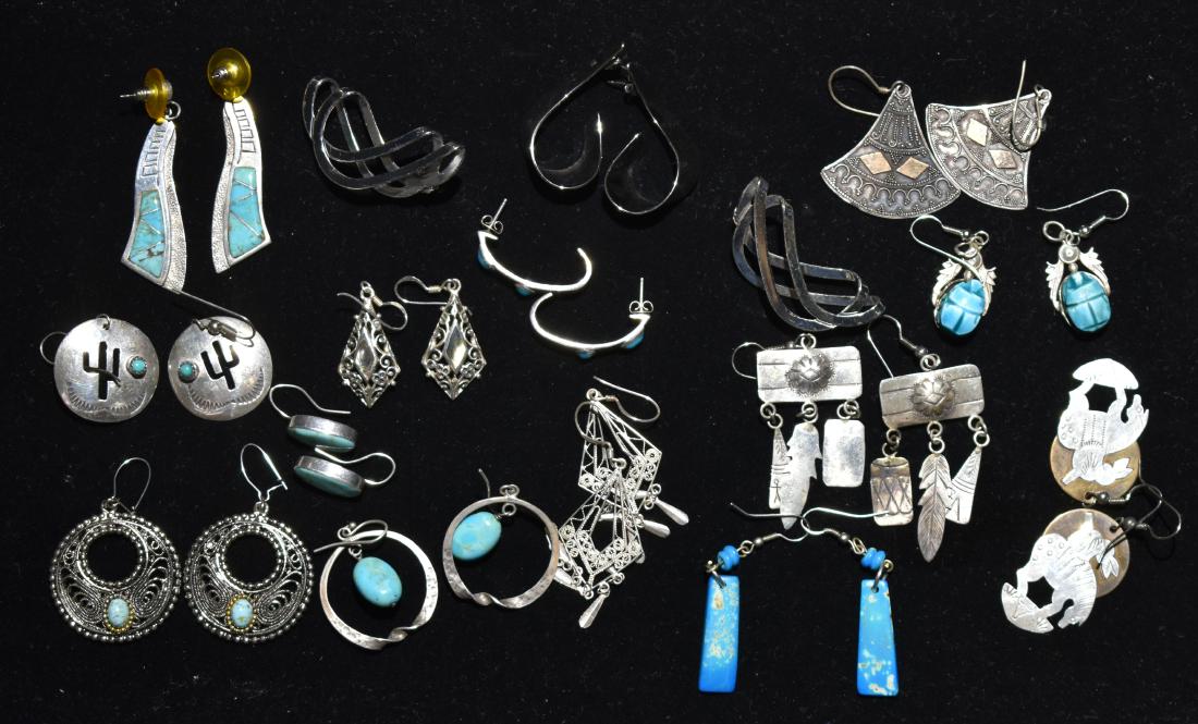 Native Sterling and Other Earrings: Including sterling earrings with turquoise, sterling earrings with a cactus, Mexican sterling with turquoise, earrings with scarabs and various other quality earrings.