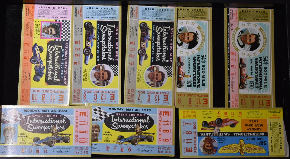 Indianapolis Speedway Racing Tickets: Eight tickets from 1970 to 1974 including Al Unser, Mario Andretti and others.