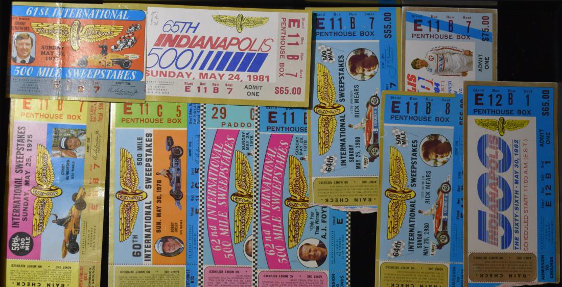 Ten Indianapolis Speedway Racing Tickets: Tickets date from 1975 to 1984 and feature Bobby Unser, Johnny Rutherford and others.