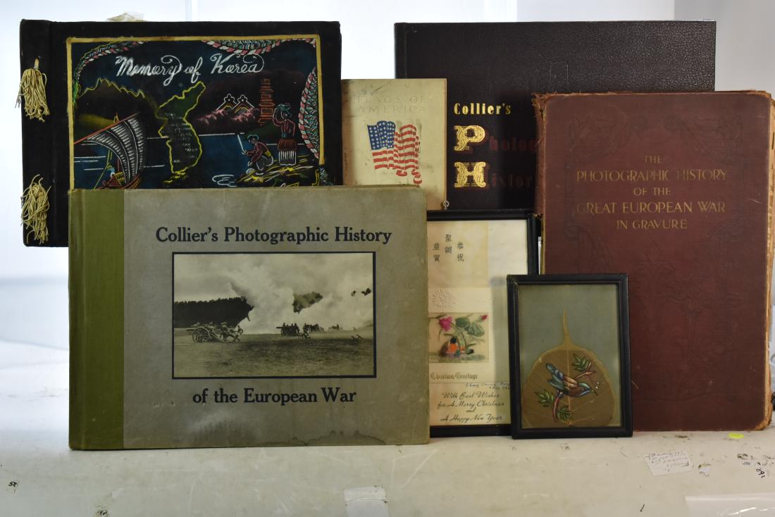Korean War Photo Album and Military Books: Photo album contains approx. 20 military photos - most are of African Americans. Lot also includes two pieces of Asian artwork from the same era and also hardback books including "The Union", "Collier