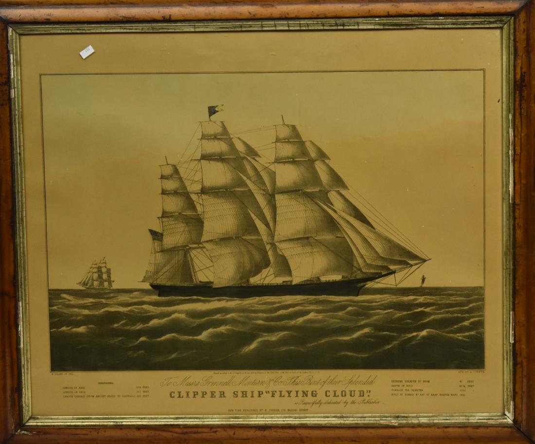 N. Currier Lithograph of a Clipper Ship: Matted area measures 16"h x 24"w. It depicts the clipper ship "The Flying Cloud" and is dated 1852. Item is in a maple frame. The print has some browning but no other visible flaws.