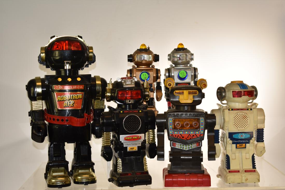 Six Toy Robots: Including "Robotron", "RT-2", a pyrobot, a forcebot and two others.