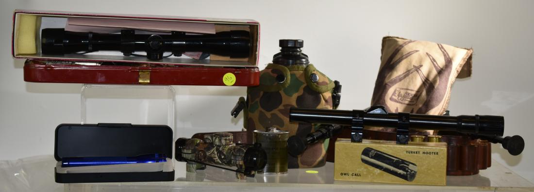 Mixed Hunting Grouping: Including a "Burris" scope, a camouflage scope, an unmarked scope with mounts, an "OLT" turkey and owl call , a "Gunslick" gun cleaning kit and various other hunting items.