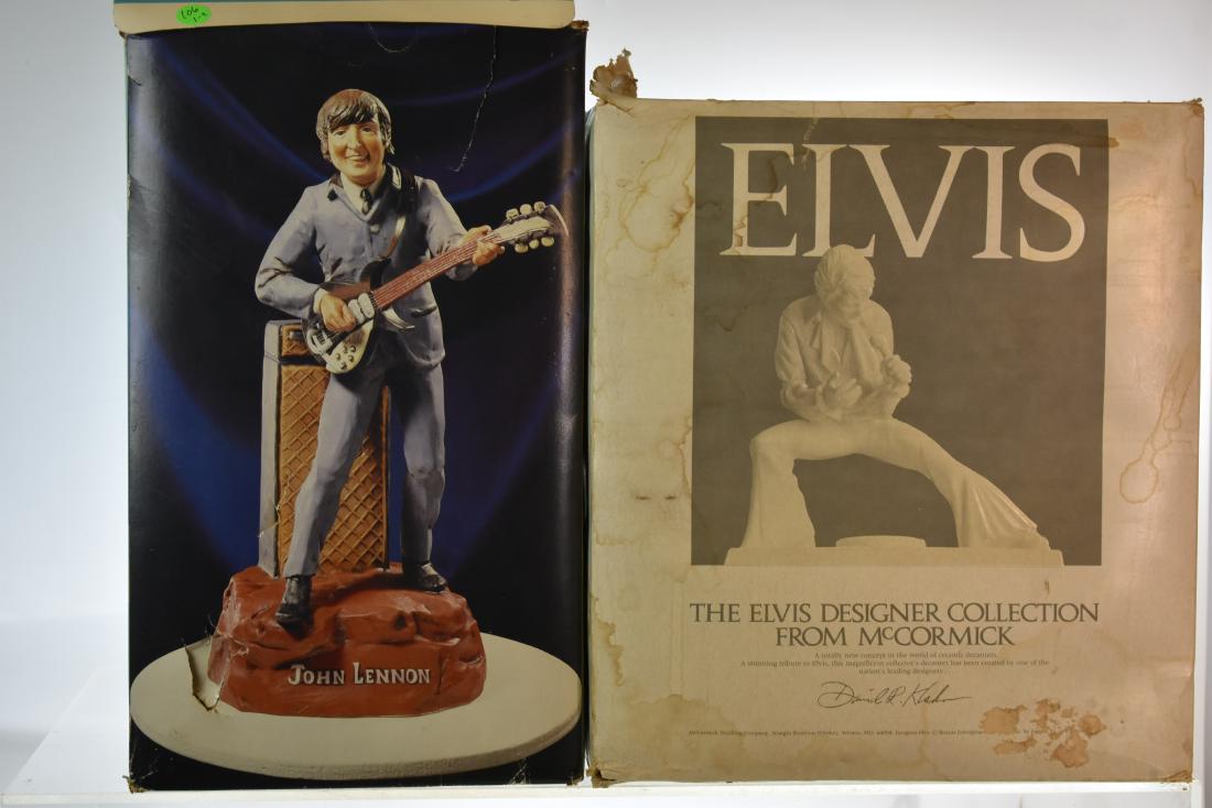 John Lennon and Elvis Decanters: Includes the largest size John Lennon decanter made by "Alpha Industries (Box is damaged) and a large Elvis decanter by McCormack (box is damaged).