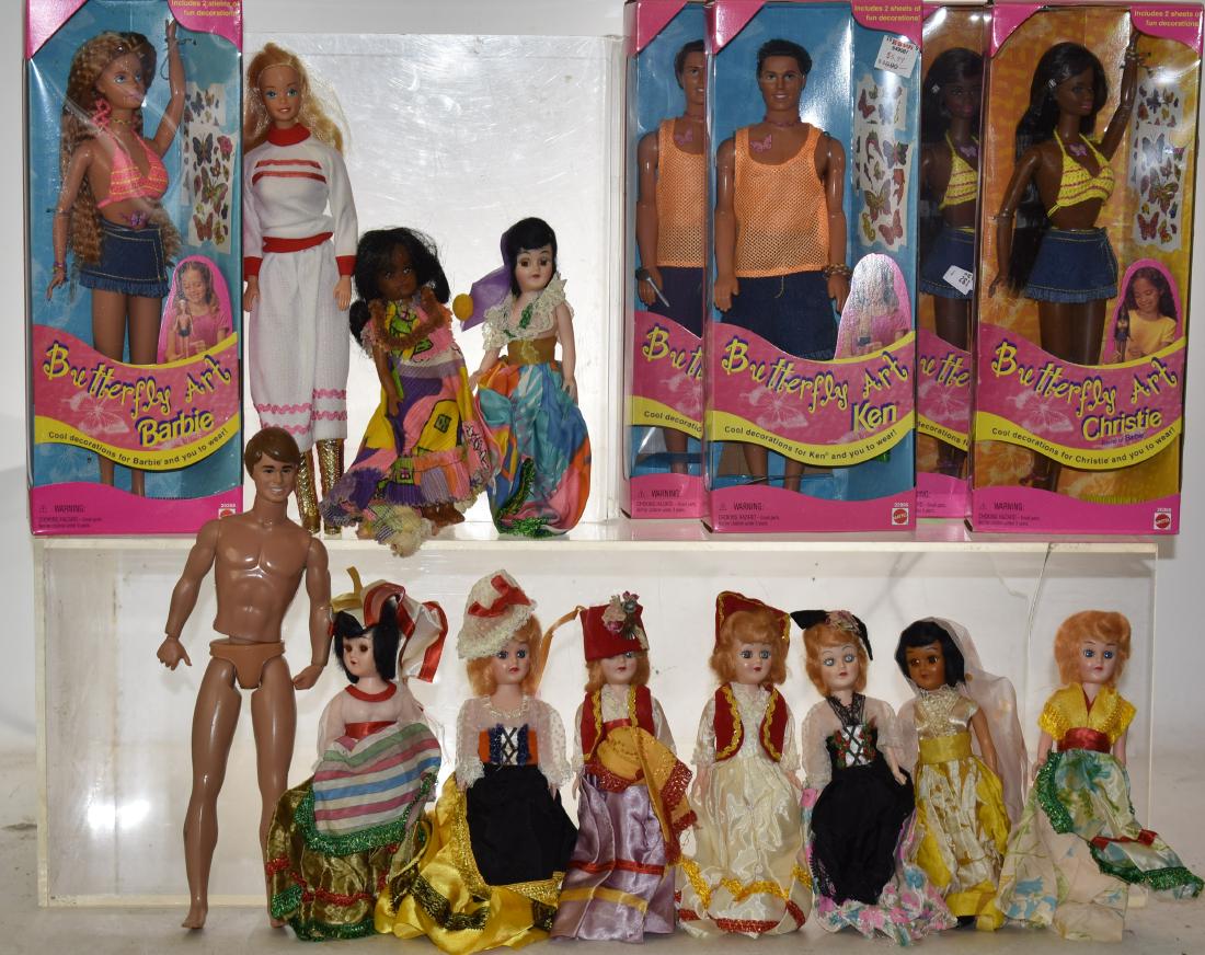 Barbies and Dolls of the World: Includes five assorted "Butterfly" Barbies in box and an assortment of dolls of the world with sleepy eyes.