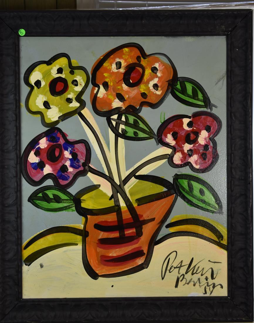 Large Oil on Canvas by Peter Keil: Exposed area measures approx. 29"h x 23"w. It is a still life of flowers in vibrant colors. It is signed "Peter Keil Berlin '84". Keil is a well known listed artist. Note: there is a dirt mark on the